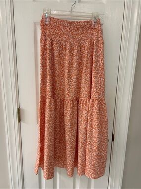 Orange Floral Tiered Smocked Waist Maxi Skirt